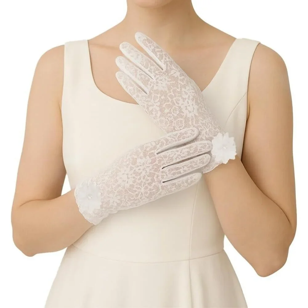 Women's Embroidery White Short Lace Wrist Gloves Design Party Accessories